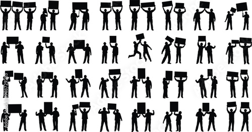 Protest, people, silhouettes, demonstration, crowd, holding, banners, signs, activism, social, movement, teamwork, unity, communication, protestors, isolated, black, vector, illustration, set