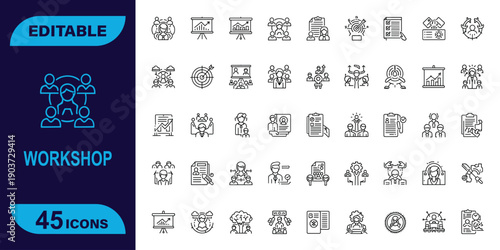 Editable icons representing teamwork, workshops, and business meetings, featuring people, presentations, and goals.
