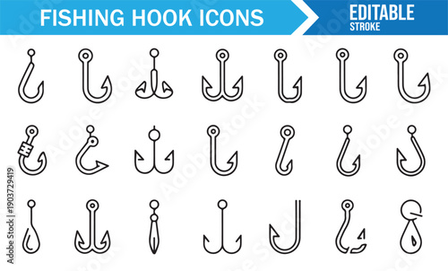 Minimal Fishing Hook Outline Symbols Pack