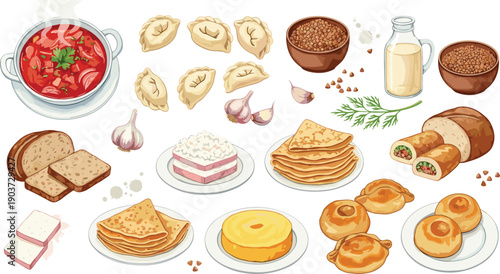 Traditional Slavic and Eastern European Cuisine Vector Set, Authentic Food Illustration with Borscht, Pierogi, and Blini