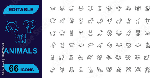 Editable icons set for animals, including pets, farm animals, wild animals, and insects, in a clean line art style.