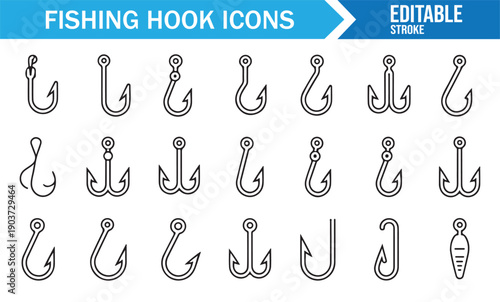 Fishing Tackle Hook Editable Line Icon Set