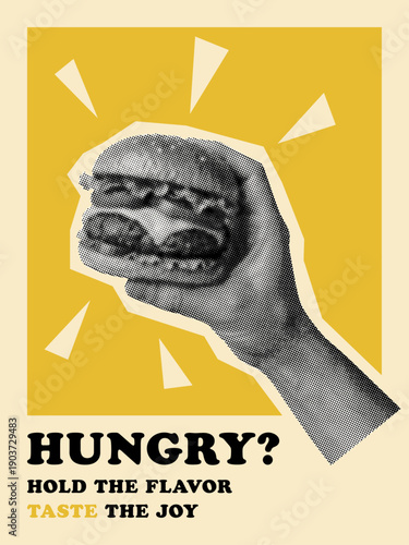 fast food advertisement retro pop-art style poster with hand holding hamburger on yellow background vintage grunge cut-out dotted halftone collage element dining design