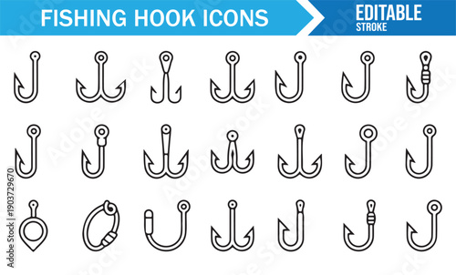 Fishing Hook Outline Icon Set Editable Vector