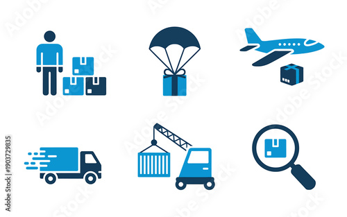 Logistics and transportation icons with various delivery methods and tools