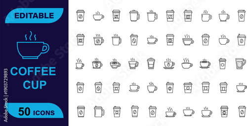 Set of 50 editable line icons of coffee cups, mugs, and related beverage symbols for cafe and cafe themes