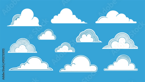 Diverse collection of white fluffy clouds in different shapes and stylized patterns is set against a bright blue sky.