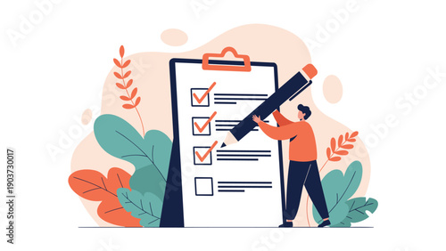 Professional person with a giant pencil is marking completed tasks on a large clipboard to represent productivity.