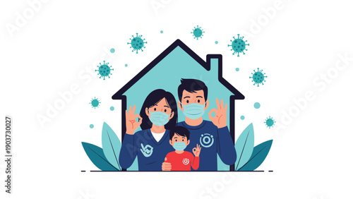 Family of three wearing face masks is standing together inside a house silhouette to promote safety and staying home.