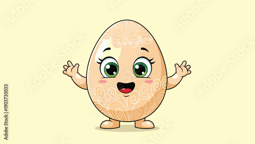 Cheerful decorated Easter egg character with large green eyes and a big smile is standing against a light yellow background.