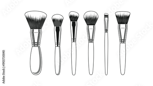 Set of six professional makeup brushes in various shapes and sizes is presented in a detailed black and white drawing.