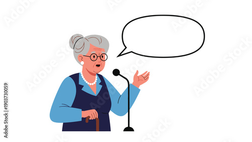 Elderly female speaker with gray hair and glasses is gesturing while speaking into a microphone with a blank speech bubble.