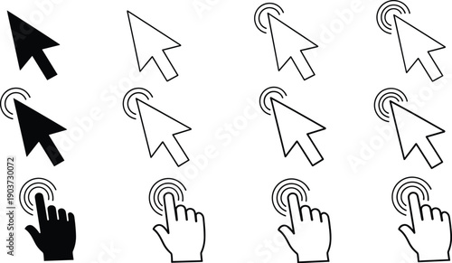Mouse cursor and hand click icons cad drawing flat vector illustration, isolated on white background, website navigation symbols, digital interface pointer set. (Exactly 22 words)