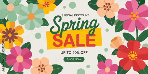 Vibrant colorful flowers and leaves on special discount spring sale advertisement background