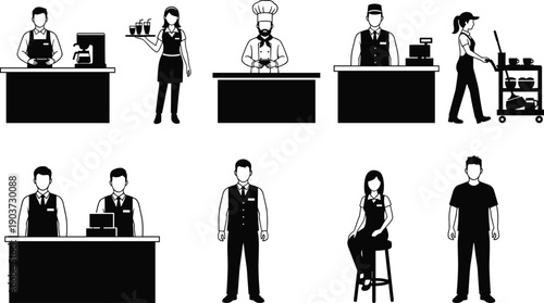 Cafe staff silhouettes set featuring barista, waiter, chef, cashier, and restaurant workers in black vector style for hospitality and food service concepts