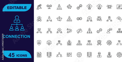 Editable 45 line icons for network connection, data flow, and technology, including links, people, and clouds