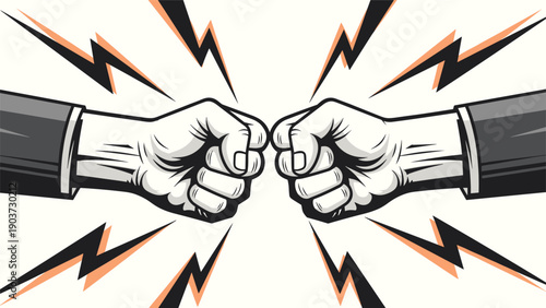 Two hands in business suits performing a fist bump are shown with orange lightning bolts, symbolizing a successful deal and collaboration.