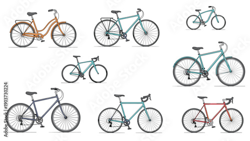 Diverse collection of eight different bicycles including road, mountain, and city bikes is presented in various colors for sports and leisure.