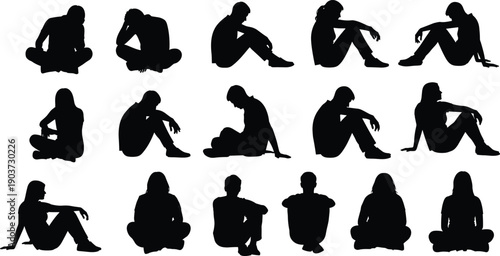 Sitting people silhouette set showing thoughtful and relaxed poses on floor, calm human figures collection illustration isolated on white background for stock design