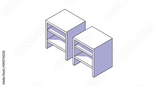 Isometric view of two simple light blue bedside cabinets or shelves is shown against a white background for furniture and interior design.