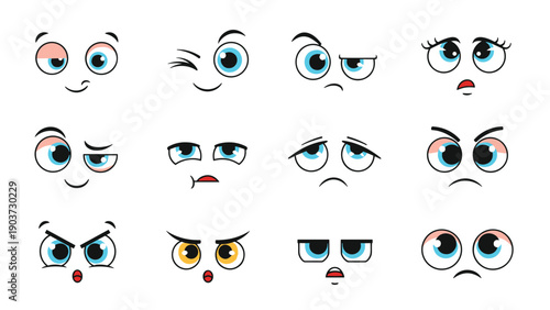 Twelve pairs of cartoon eyes with different blue, orange, and gray iris colors show various emotions like happy, sad, angry, and surprised.