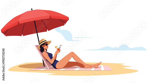 Relaxed woman wearing a straw hat and swimsuit sits on a beach chair under a red umbrella, enjoying a drink by the ocean in summer sunshine.