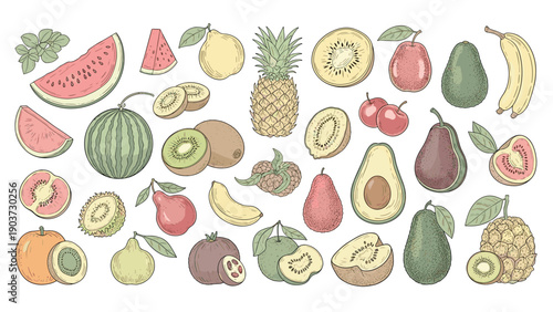 Large collection of colorful engraved fruit illustrations includes watermelon, kiwi, avocado, banana, and pineapple for healthy food themes.