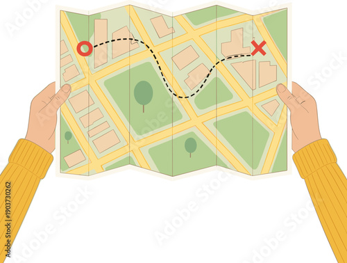 Hand Holding Folded City Paper Map with Destination Route and Navigation Path for Travel Planning, Tourism, Direction, and Wayfinding Concept Vector Illustration