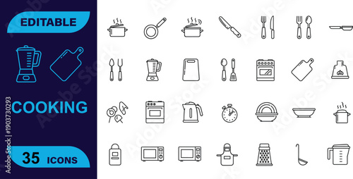 Editable set of 35 line icons for cooking, kitchen appliances, utensils, and culinary themes