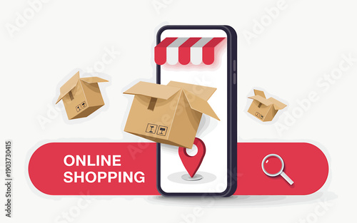 Online shopping concept with smartphone and cardboard boxes flying out  mobile commerce