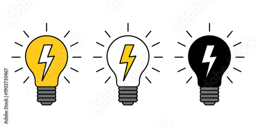 Three light bulbs with lightning bolts inside on white background