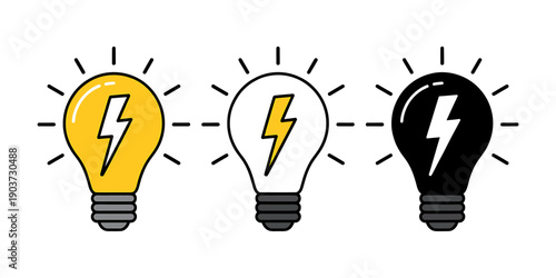 Three light bulbs with lightning inside on white background