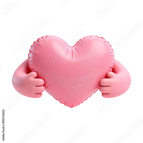 Cute 3D pink heart balloon character with hands hugging itself love and romance concept for Valentine's day isolated on gray background render