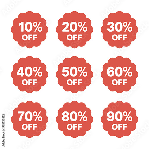 Red discount labels for advertising and marketing materials  percentages off  various discounts  promotional badges