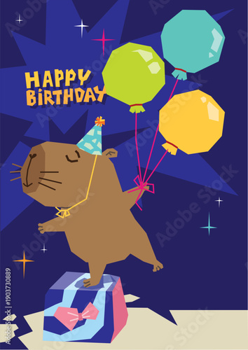 Cute Capybara Birthday Cake and Balloons Vector Illustration