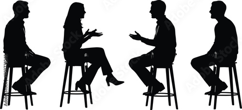 Vector Illustration Set of People Silhouettes Sitting on Bar Stools for Cafe Conversation Social Networking Relaxation and Modern Lifestyle Designs