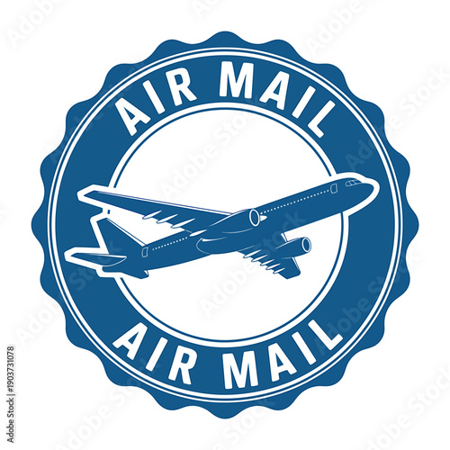 Air mail stamp with airplane on white background