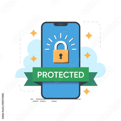Protected mobile phone with security lock on screen and green banner  secure device