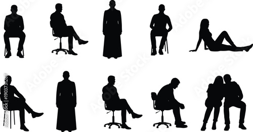 Seated people silhouette collection showing sitting poses on chairs and floor, relaxed and thoughtful human figures illustration isolated on white background for stock design