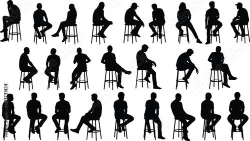 Vector Illustration Set of Men Silhouettes Sitting on Bar Stools for Cafe Restaurant Pub Social Meeting and Casual Lifestyle Designs