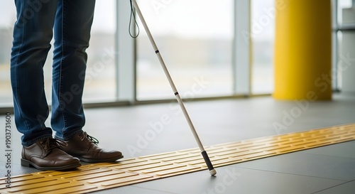 Person using a white cane on tactile paving in a modern building
