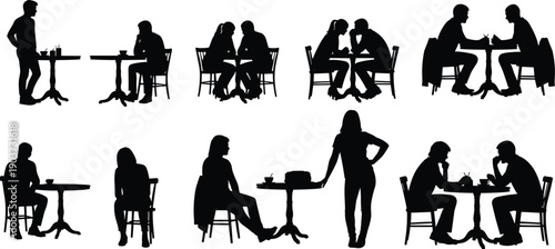 Vector Illustration Set of People Silhouettes Sitting at Cafe Tables for Restaurant Dining Social Meeting Date and Urban Lifestyle Designs