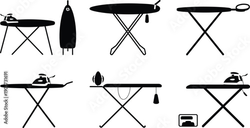 Ironing board silhouette set with steam iron and accessories, household laundry equipment icons, minimalist black illustration isolated on white background for stock design