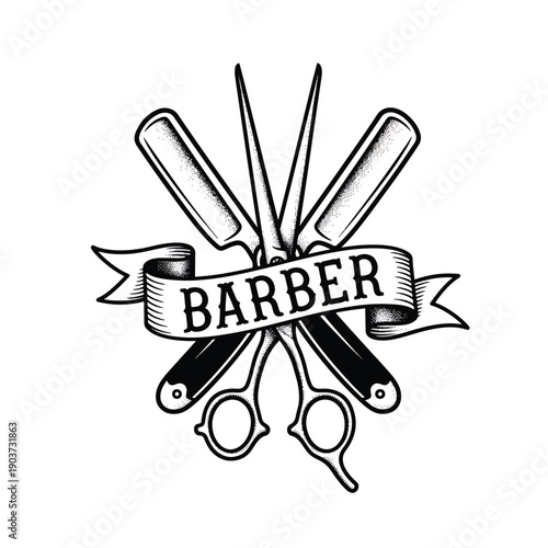 Vintage barber shop emblem with crossed straight razors, scissors, and a banner featuring the word BARBER, in a classic black and white illustration style.