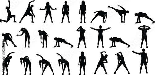 Human fitness exercise silhouette set showing stretching, warm up, yoga and workout poses, male body movement sequence illustration isolated on white background