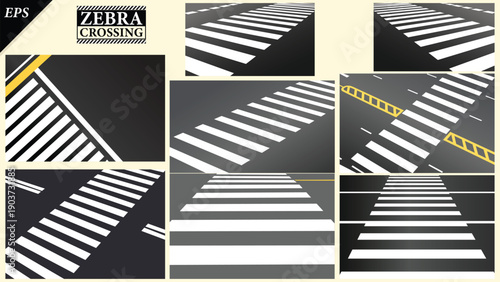 Set of Asphalt road with pedestrian crosswalk lines. Top view of pedestrian zebra crossing, safety walk signs. White and yellow line marks on black asphalt of city lane, road highway, illustration