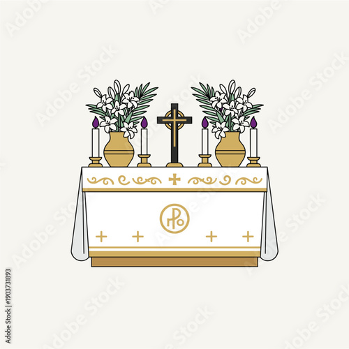 Church altar with candles and flowers flat vector