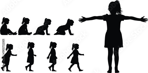Vector Illustration Set of Little Girl Growth Stages and Child Silhouette with Open Arms for Childhood Development and Parenting Designs
