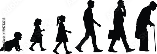Vector Illustration Set of Human Life Cycle Evolution Silhouettes from Baby Childhood Youth Adulthood to Old Age for Aging Designs