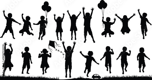 Happy children silhouettes jumping and playing outdoors with balloons and kite, joyful childhood freedom, summer fun, celebration, active kids group illustration